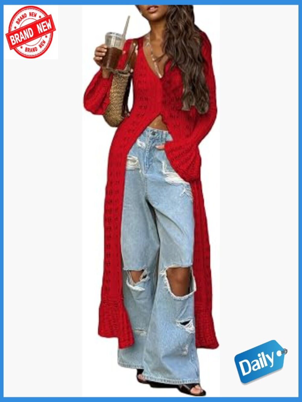 Crochet Hollow Out Knit Maxi Cardigan Long Sleeve Button Down Cover Up